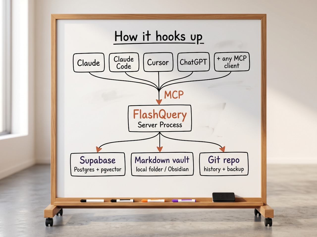FlashQuery architecture: AI clients connect via MCP to FlashQuery, which routes to Supabase (Postgres + pgvector), a Markdown vault, and a Git repo